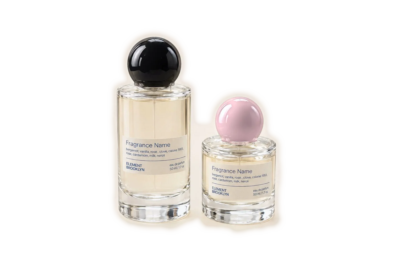 Two perfume bottles with Element Brooklyn labels, their lids changing colour: black, white, walnut, red, pink, lilac and green