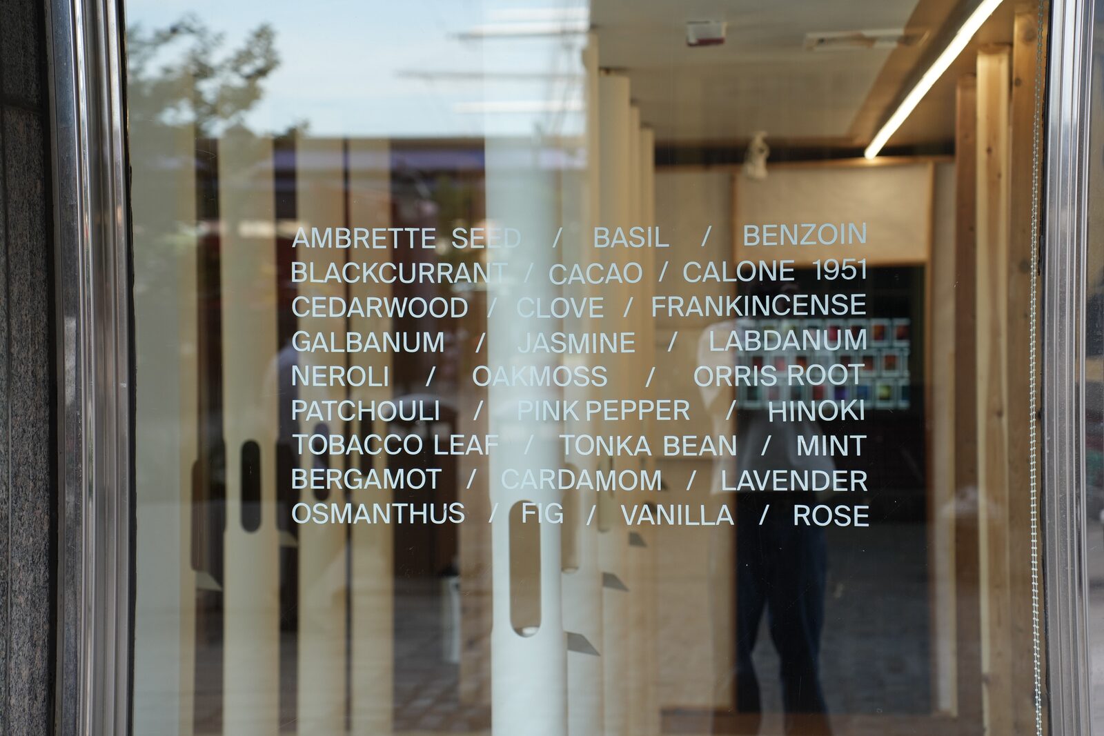 Perfumery notes listed on the window of the Gallery of Scent